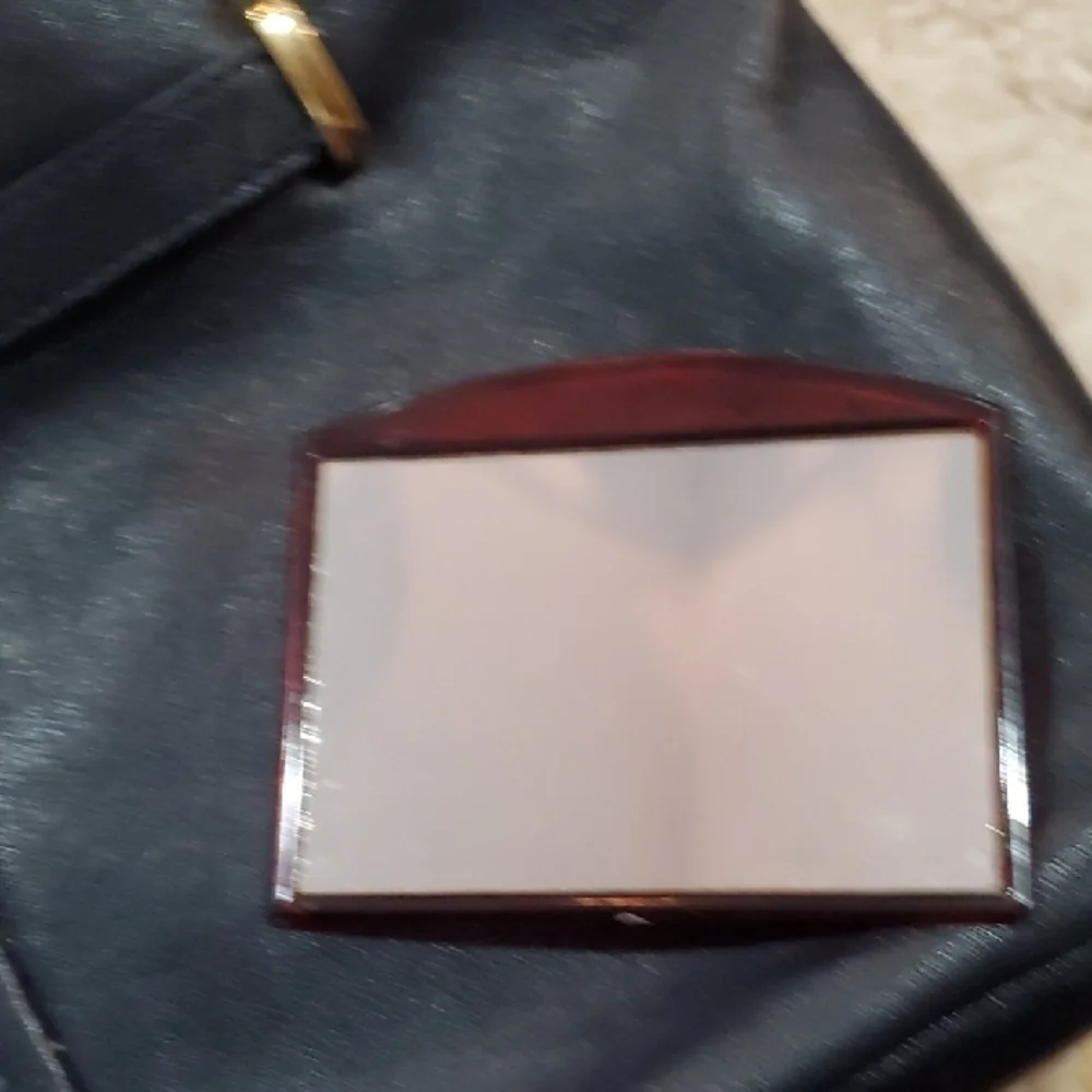 Etienne Aigner Black Leather Shoulder Bag with Gold Accents Plus Pocket Mirror